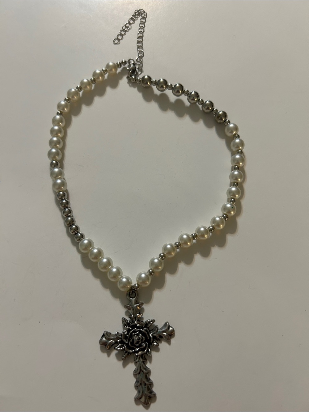 Pearl and Silver Cross Pendant Necklace - White and Silver